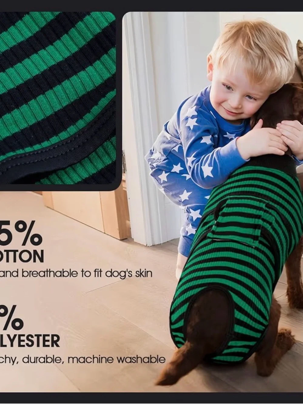 Green & Black Striped Dog Recovery Suit - Soft Post-Surgery Wrap